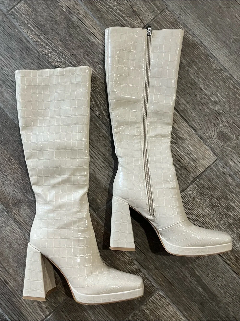 Women's Cream Croc-Embossed Knee Boot with Block Heel